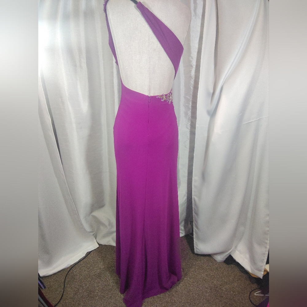 Cache Designer Sheath Dress,One Shoulder Purple, Jeweled Beads, Leg Slit, Long 0 - Picture 7 of 16